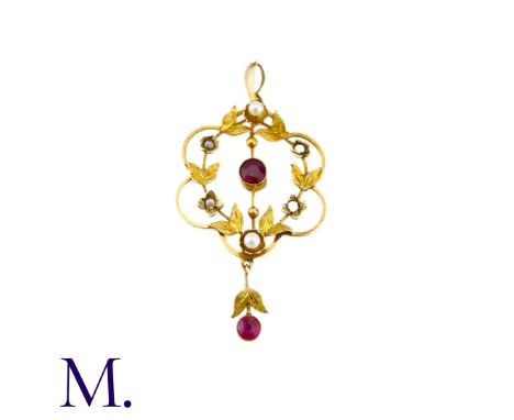 An Antique Garnet And Pearl Pendant in 9k yellow gold, the central round cut garnet set to a bar within a foliate surround ac