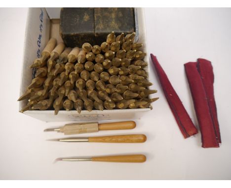 (Bookbinding). Approximately seventy five assorted brass handle letters (one or two numbers, but predominantly letters), plus