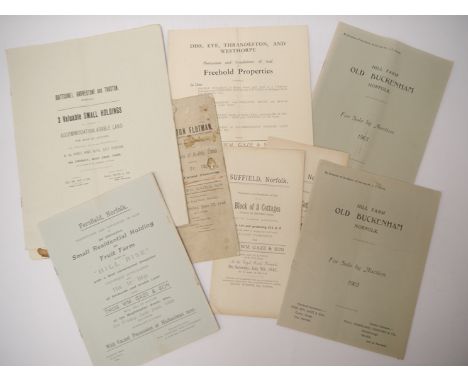 A folder containing 7 Diss sale particulars 1894-1954, all TW Gaze auctioneers; plus Common Pleas manuscript document Diss 18
