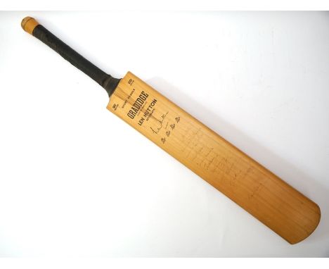 A Len Hutton autograph cricket bat, signed by twelve England cricketers circa 1953, including Len Hutton, Herbert Sutcliffe, 