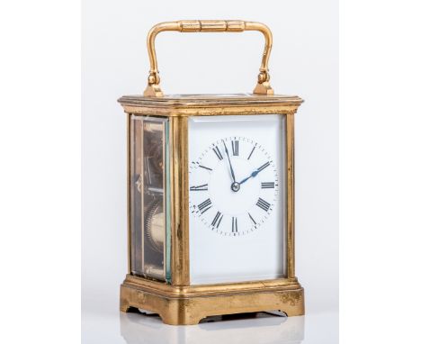A French gilt metal carriage clock, by Henry Jacot, Paris, white enamel dial with Roman numerals, platform escapement, moveme