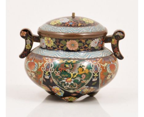 A Japanese cloisonne two handled censor shape vase, of compressed form, dark ground, decorated with lapettes, filled with myt