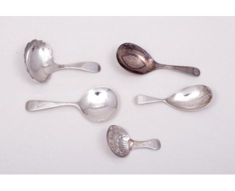 A  George III silver caddy spoon, by John Lambe, London 1796, bright cut engraved decoration, a small caddy spoon by John Law