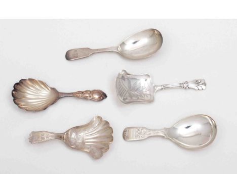 An Early Victorian silver caddy spoon, by Taylor and Perry, Birmingham 1837, bright cut engraved scallop bowl, another caddy 