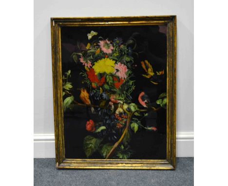 A Victorian reverse painted panel, decorated with birds and flowers, gilt frame, 69cm x 55cm overall.
