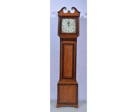 An oak and mahogany longcase clock, square painted dial with a date aperture, rose and vase spandrels, thirty hour movement, 