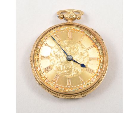 An early Victorian 18ct yellow gold open faced pocket watch, London 1838, bright cut engraved dial, with Roman numerals to th