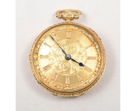 An early Victorian 18ct yellow gold open faced pocket watch, London 1838, bright cut engraved dial, with Roman numerals to th