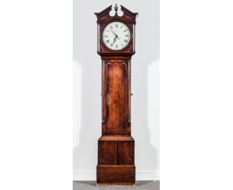 An oak longcase clock, circular re-painted enamel dial, inscribed Holliwell, Derby, with a date aperture, thirty hour movemen