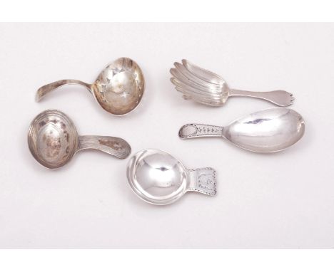 A George III silver caddy spoon by Alice & George Burrows, London 1801, pierced oval bowl, another by George Wintle, London 1