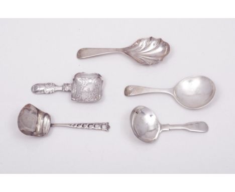 A George III silver caddy spoon, by John Bettridge, Birmingham 1818, cast scrolled handle, wigglework engraved square shape b