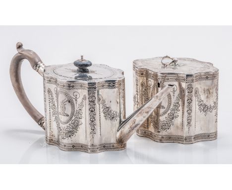A George III silver teapot and matching caddy, probably by John Lee, London 1783, straight sided serpentine form, bright cut 