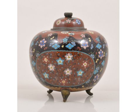 A Japanese cloisonne green ground baluster shape covered vase, decorated with a phoenix and flowers, blue ground collar and d