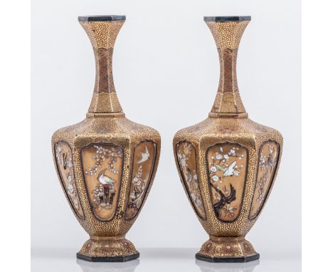 A pair of Japanese gold lacquer and shibayama vases, Meiji period, of hexagonal section, slender necks, the reserves decorate