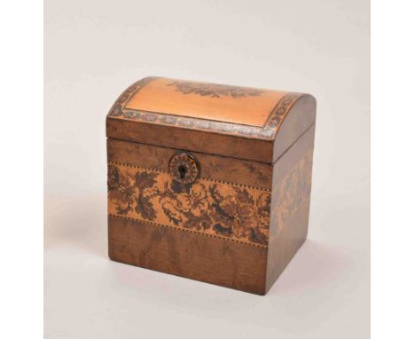 A Victorian maple and Tunbridge ware caddy, casket shape with domed top, floral decoration, width 10cm.