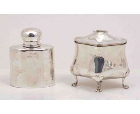 An Edwardian silver bombe shape caddy box, by James Deakin & Sons, Chester 1905, raised on pad feet and an Edwardian flask sh