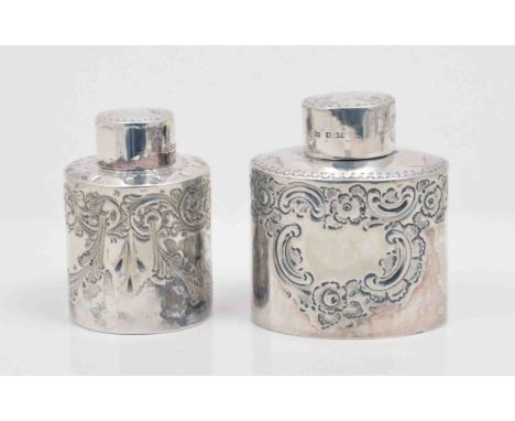 A small Victorian silver caddy, by Atkin Bros., Sheffield 1892, embossed decoration and a cylindrical caddy box by Atkin Bros
