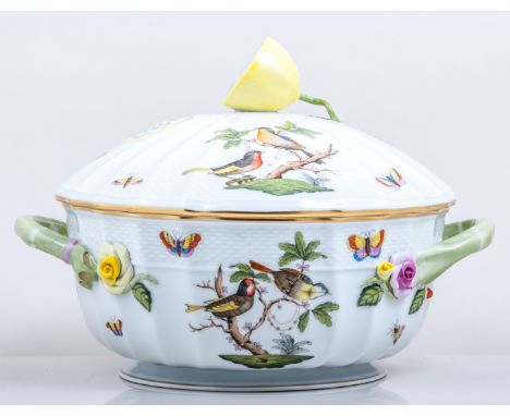 A Herend porcelain dinner service, decorated with birds, butterflies and insects, comprising a circular tureen, with a lemon 