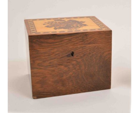 A Victorian rosewood and Tunbridge ware tea caddy, of oblong form, the lid decorated with a flower motif, width 13.5cm.