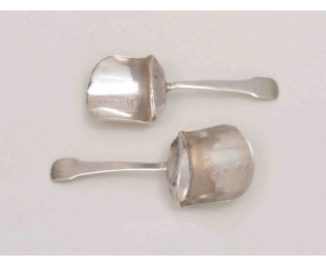 A near pair of George III shovel shape caddy spoons, by Samuel Pemberton, Birmingham 1807 and 1808, Fiddle ended handles, 7.5