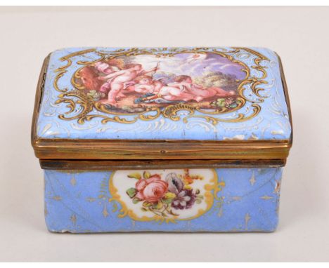 A Staffordshire enamel box, probably Bilston, late 18th Century, lavender blue ground, the lid reserve decorated with cherubs