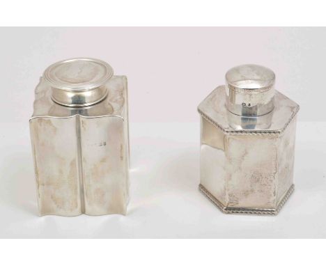 An Edwardian silver tea caddy, marks rubbed, Birmingham 1905, serpentine outlines and an Edwardian hexagonal shape caddy by H