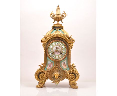 An French Transitional style "Sevres" porcelain and gilt metal mantel clock, second half of the 19th Century, porcelain panel