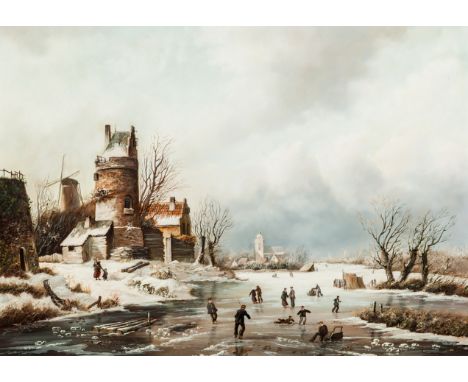 Daniel van der Putten
Dutch style winter scene with figures skating,
signed,
oil on panel,
31 x 46cm.