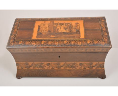 A Victorian rosewood and Tunbridge ware tea caddy, of waisted oblong form, with a house portrait panel to the hinged lid, the