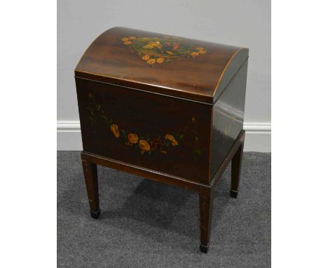 A late Victorian mahogany dome top cellarette shape canterbury, in the style of Edwards & Roberts, the lid with a painted pan