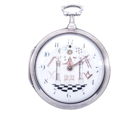 A George III silver pair cased pocket watch, of Masonic interest, plain case, hallmark Birmingham 1802, white enamel dial wit