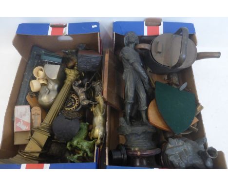 Two boxes of assorted collectables to include a brass table lamp, spelter figures etc. 