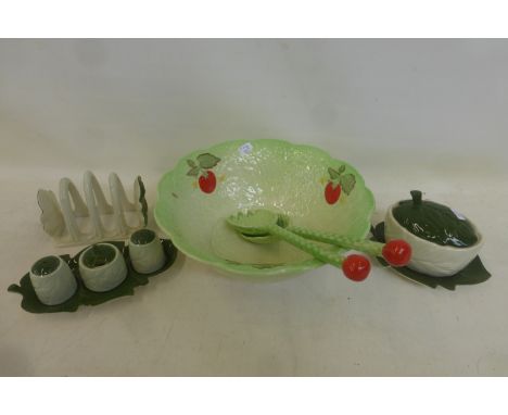 A Crown Devon leaf patterned salad bowl and servers; also a Carltonware leaf patterned matching toastrack, a sauceboat and st