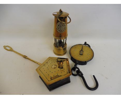 A Salter's Spring Balance, a brass Protector 'miner's' Lamp and a brass chestnut roaster. 