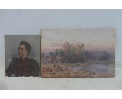 A watercolour of a ruined castle, figures to the foreground, unsigned and a portrait of a well dressed lady. 