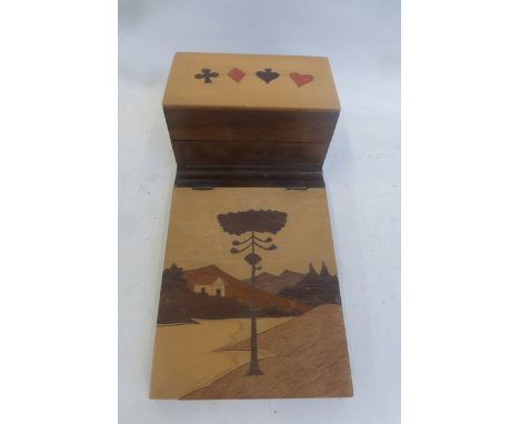 A desk top marquetry inlaid blotter case and integral playing card holder.