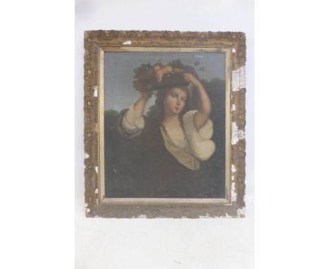 18th/19th CENTURY EUROPEAN SCHOOL - a portrait of a lady holding a basket of fruit above her head, set within a giltwood fram
