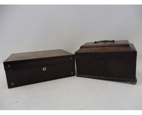 A George III mahogany and barber pole strung tea caddy and a rosewood jewellery box.
