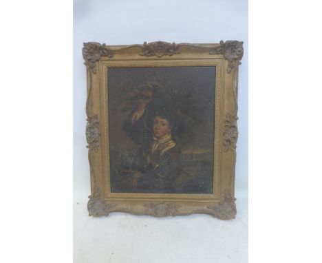 19TH CENTURY EUROPEAN SCHOOL - portrait of a young gentleman holding a bundle above his head, set within a well decorated lan