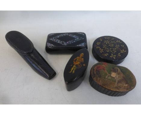 Five assorted 19th Century and later snuff boxes including an unusual oval box decorated with a drummer boy. 