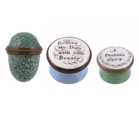 A south Staffordshire enamel ovoid box, circa 1790  A south Staffordshire enamel ovoid box,   circa 1790, overall painted to 