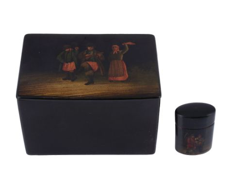 A Russian papier mache lacquer rectangular tea caddy by Vishniakov  A Russian papier mache lacquer rectangular tea caddy by V