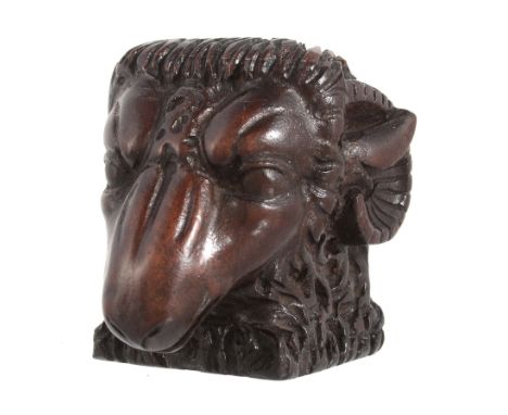 A George III mahogany novelty snuff box, circa 1780, boldly carved as a ram  A George III mahogany novelty snuff box,   circa