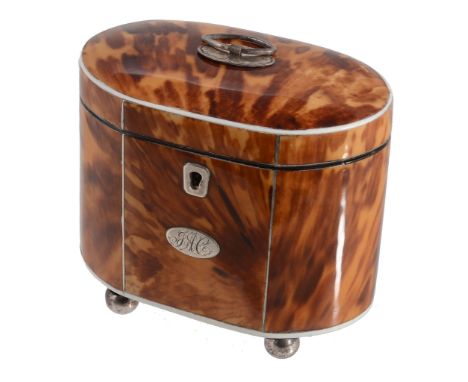A George III straight-sided oval blonde tortoiseshell tea caddy, circa 1780  A George III straight-sided oval blonde tortoise