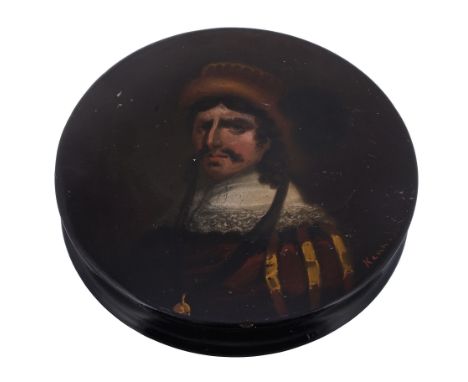 [Theatre interest] A papier mache circular snuff box, circa 1820  [Theatre interest] A papier mache circular snuff box,   cir