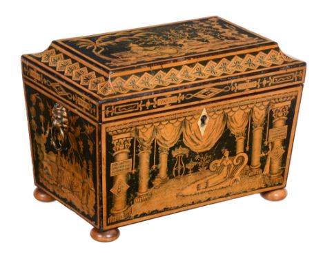 A Regency penworked tea caddy, circa 1815, of sarcophagus form  A Regency penworked tea caddy,   circa 1815, of sarcophagus f