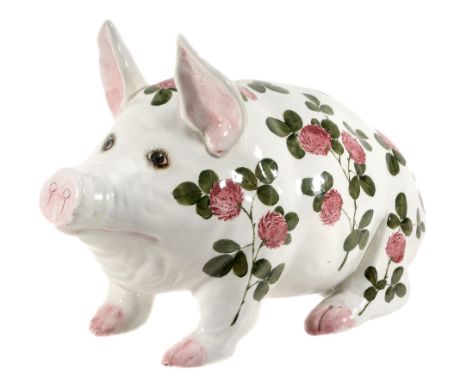 A large Wemyss Bovey Tracey Pig, circa 1930, painted with red clover, pink ears  A large Wemyss Bovey Tracey Pig, circa 1930,