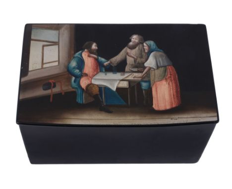 A Russian papier mache lacquer rectangular tea caddy by Vishniakov, circa 1860  A Russian papier mache lacquer rectangular te