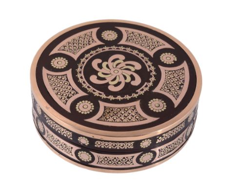 A French lacquer, tortoiseshell and two-tone gold circular bonbonniere or...  A French lacquer, tortoiseshell and two-tone go