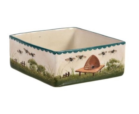 AWemyss Bovey Tracey honey pot, circa 1930, painted with beehives and bees AWemyss Bovey Tracey honey pot, circa 1930, painte